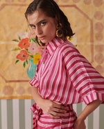 Load image into Gallery viewer, Blush Stripes Draped Shirt dress
