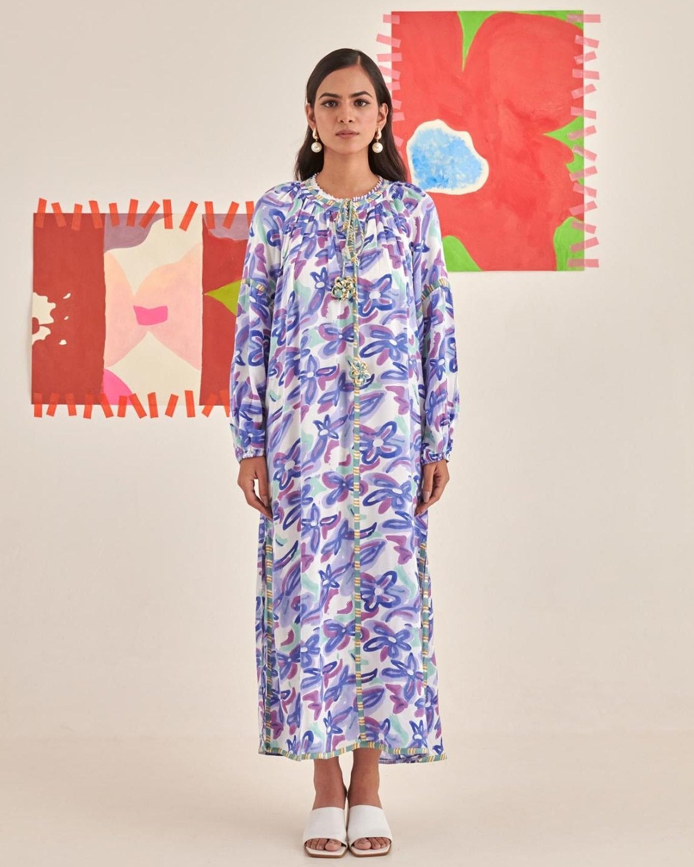 Abstract Gardenia Kaftan Dress