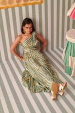 Load image into Gallery viewer, Evergreen Stripes Rose One Shoulder Dress
