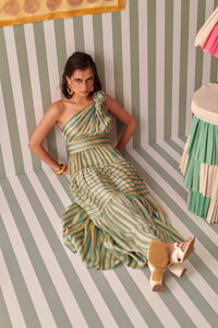 Evergreen Stripes Rose One Shoulder Dress